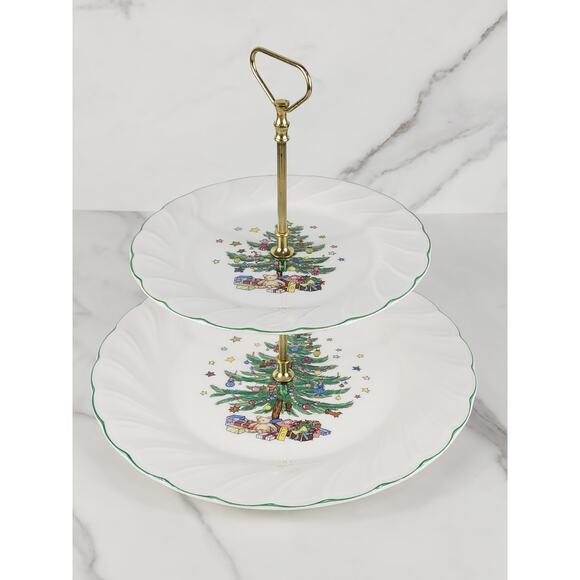 Nikko Happy Holidays Two Tier Serving Tray Christmas Green Trim Japan w/ Box - Picture 2 of 16